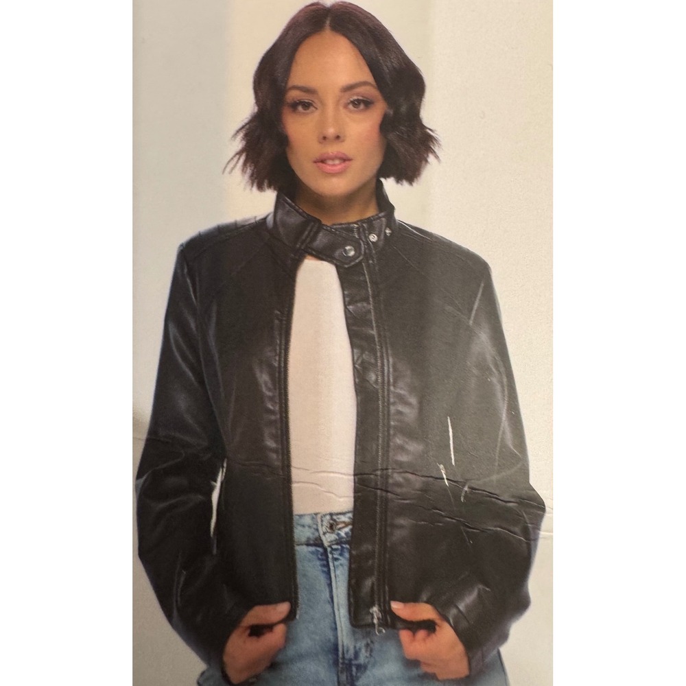 Cisono Black Faux Leather Moto Jacket Womens Size XL Zip Up Mandarin‎ Collar NWT